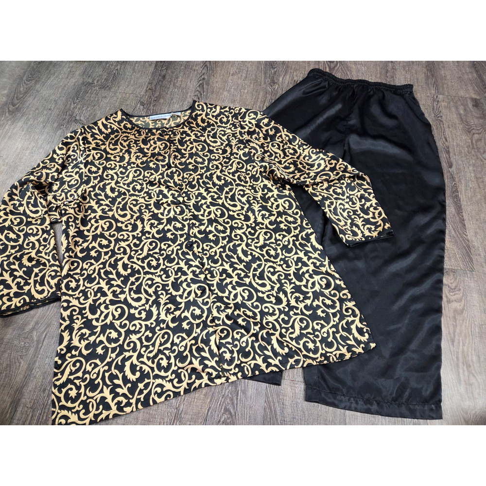 Natorius Satin-Like Animal Print Black Lounge Set Top Pants Blouse Size Large